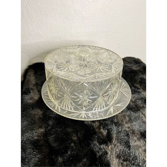 Vintage MCM Clear Lucite Plastic Cake Plate and Dome Cover Lid Starburst Pattern - Picture 1 of 6